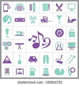 Set of Universal Icons. Contains such Icons as Paint Roller, Music, Radio, Car Wash, Unlock, Wheel, Tractor, Model and more. Editable Vector. Pixel Perfect. 