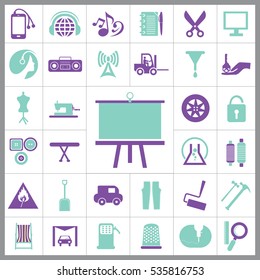 Set of Universal Icons. Contains such Icons as Paint Roller, Music, Radio, Car Wash, Unlock, Wheel, Tractor, Model and more. Editable Vector. Pixel Perfect. 