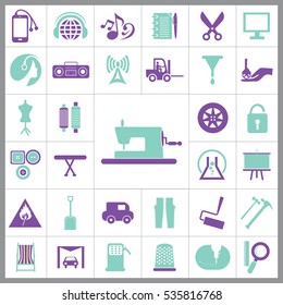 Set of Universal Icons. Contains such Icons as Paint Roller, Music, Radio, Car Wash, Unlock, Wheel, Tractor, Model and more. Editable Vector. Pixel Perfect. 