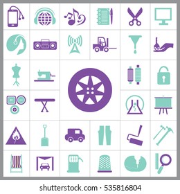 Set of Universal Icons. Contains such Icons as Paint Roller, Music, Radio, Car Wash, Unlock, Wheel, Tractor, Model and more. Editable Vector. Pixel Perfect. 