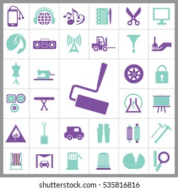 Set of Universal Icons. Contains such Icons as Paint Roller, Music, Radio, Car Wash, Unlock, Wheel, Tractor, Model and more. Editable Vector. Pixel Perfect. 