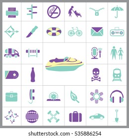 Set of Universal Icons. Contains such Icons as Umbrella, Life Buoy, Bicycle, Knife, Breafcase, Headphone, Train, Jet Ski and more. Editable Vector. Pixel Perfect.