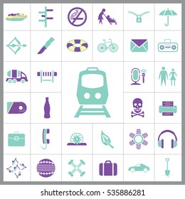 Set of Universal Icons. Contains such Icons as Umbrella, Life Buoy, Bicycle, Knife, Breafcase, Headphone, Train, Jet Ski and more. Editable Vector. Pixel Perfect.