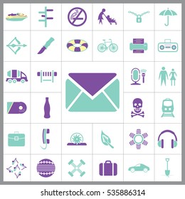 Set of Universal Icons. Contains such Icons as Umbrella, Life Buoy, Bicycle, Knife, Breafcase, Headphone, Train, Jet Ski and more. Editable Vector. Pixel Perfect.