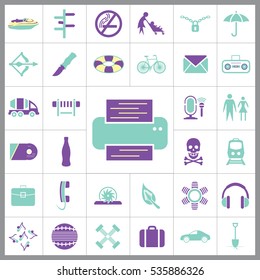 Set of Universal Icons. Contains such Icons as Umbrella, Life Buoy, Bicycle, Knife, Breafcase, Headphone, Train, Jet Ski and more. Editable Vector. Pixel Perfect.