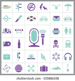 Set of Universal Icons. Contains such Icons as Umbrella, Life Buoy, Bicycle, Knife, Breafcase, Headphone, Train, Jet Ski and more. Editable Vector. Pixel Perfect.