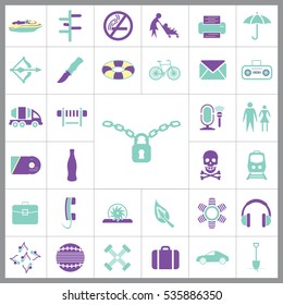 Set of Universal Icons. Contains such Icons as Umbrella, Life Buoy, Bicycle, Knife, Breafcase, Headphone, Train, Jet Ski and more. Editable Vector. Pixel Perfect.