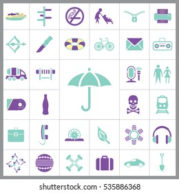 Set of Universal Icons. Contains such Icons as Umbrella, Life Buoy, Bicycle, Knife, Breafcase, Headphone, Train, Jet Ski and more. Editable Vector. Pixel Perfect.