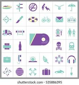 Set of Universal Icons. Contains such Icons as Umbrella, Life Buoy, Bicycle, Knife, Breafcase, Headphone, Train, Jet Ski and more. Editable Vector. Pixel Perfect.