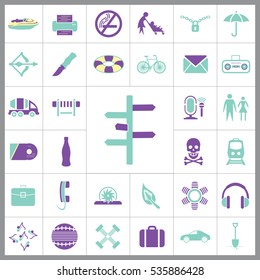 Set of Universal Icons. Contains such Icons as Umbrella, Life Buoy, Bicycle, Knife, Breafcase, Headphone, Train, Jet Ski and more. Editable Vector. Pixel Perfect.