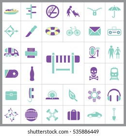 Set of Universal Icons. Contains such Icons as Umbrella, Life Buoy, Bicycle, Knife, Breafcase, Headphone, Train, Jet Ski and more. Editable Vector. Pixel Perfect.
