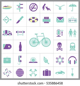 Set of Universal Icons. Contains such Icons as Umbrella, Life Buoy, Bicycle, Knife, Breafcase, Headphone, Train, Jet Ski and more. Editable Vector. Pixel Perfect.