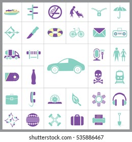Set of Universal Icons. Contains such Icons as Umbrella, Life Buoy, Bicycle, Knife, Breafcase, Headphone, Train, Jet Ski and more. Editable Vector. Pixel Perfect.
