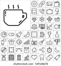 Set of Universal Icons. Contains such Icons as Wineglass, Food and Drink, Tooth, Buildings, Medical, Telescope, Snowflake, Economical and more. Editable Vector. Pixel Perfect.
