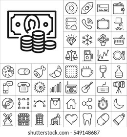 Set of Universal Icons. Contains such Icons as Wineglass, Food and Drink, Tooth, Buildings, Medical, Telescope, Snowflake, Economical and more. Editable Vector. Pixel Perfect.

