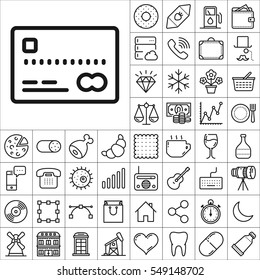 Set of Universal Icons. Contains such Icons as Wineglass, Food and Drink, Tooth, Buildings, Medical, Telescope, Snowflake, Economical and more. Editable Vector. Pixel Perfect.
