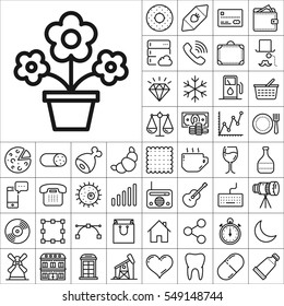 Set of Universal Icons. Contains such Icons as Wineglass, Food and Drink, Tooth, Buildings, Medical, Telescope, Snowflake, Economical and more. Editable Vector. Pixel Perfect.
