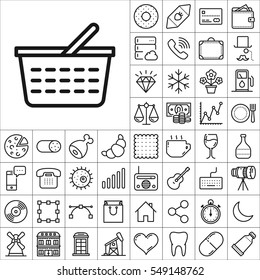 Set of Universal Icons. Contains such Icons as Wineglass, Food and Drink, Tooth, Buildings, Medical, Telescope, Snowflake, Economical and more. Editable Vector. Pixel Perfect.
