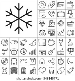 Set of Universal Icons. Contains such Icons as Wineglass, Food and Drink, Tooth, Buildings, Medical, Telescope, Snowflake, Economical and more. Editable Vector. Pixel Perfect.
