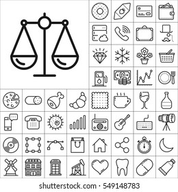 Set of Universal Icons. Contains such Icons as Wineglass, Food and Drink, Tooth, Buildings, Medical, Telescope, Snowflake, Economical and more. Editable Vector. Pixel Perfect.
