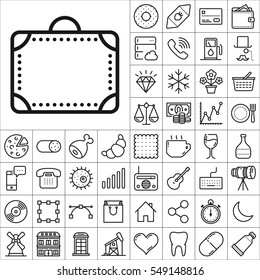 Set of Universal Icons. Contains such Icons as Wineglass, Food and Drink, Tooth, Buildings, Medical, Telescope, Snowflake, Economical and more. Editable Vector. Pixel Perfect.
