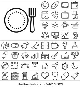 Set of Universal Icons. Contains such Icons as Wineglass, Food and Drink, Tooth, Buildings, Medical, Telescope, Snowflake, Economical and more. Editable Vector. Pixel Perfect.
