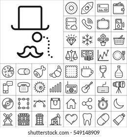 Set of Universal Icons. Contains such Icons as Wineglass, Food and Drink, Tooth, Buildings, Medical, Telescope, Snowflake, Economical and more. Editable Vector. Pixel Perfect.

