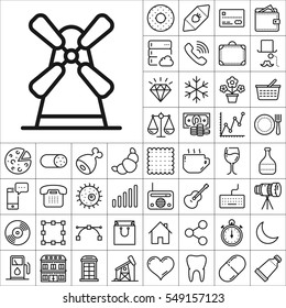 Set of Universal Icons. Contains such Icons as Wineglass, Food and Drink, Tooth, Buildings, Medical, Telescope, Snowflake, Economical and more. Editable Vector. Pixel Perfect.
