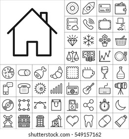 Set of Universal Icons. Contains such Icons as Wineglass, Food and Drink, Tooth, Buildings, Medical, Telescope, Snowflake, Economical and more. Editable Vector. Pixel Perfect.

