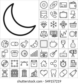 Set of Universal Icons. Contains such Icons as Wineglass, Food and Drink, Tooth, Buildings, Medical, Telescope, Snowflake, Economical and more. Editable Vector. Pixel Perfect.
