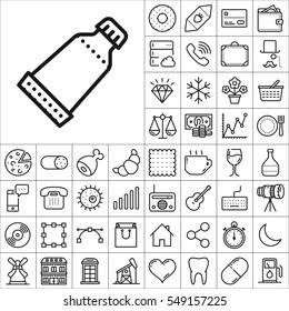 Set of Universal Icons. Contains such Icons as Wineglass, Food and Drink, Tooth, Buildings, Medical, Telescope, Snowflake, Economical and more. Editable Vector. Pixel Perfect.
