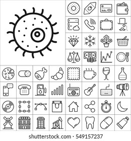 Set of Universal Icons. Contains such Icons as Wineglass, Food and Drink, Tooth, Buildings, Medical, Telescope, Snowflake, Economical and more. Editable Vector. Pixel Perfect.
