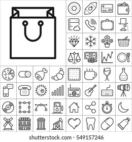 Set of Universal Icons. Contains such Icons as Wineglass, Food and Drink, Tooth, Buildings, Medical, Telescope, Snowflake, Economical and more. Editable Vector. Pixel Perfect.
