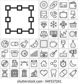 Set of Universal Icons. Contains such Icons as Wineglass, Food and Drink, Tooth, Buildings, Medical, Telescope, Snowflake, Economical and more. Editable Vector. Pixel Perfect.
