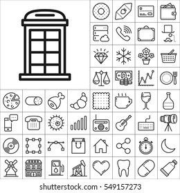 Set of Universal Icons. Contains such Icons as Wineglass, Food and Drink, Tooth, Buildings, Medical, Telescope, Snowflake, Economical and more. Editable Vector. Pixel Perfect.
