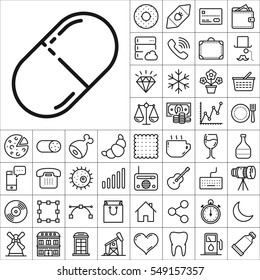 Set of Universal Icons. Contains such Icons as Wineglass, Food and Drink, Tooth, Buildings, Medical, Telescope, Snowflake, Economical and more. Editable Vector. Pixel Perfect.
