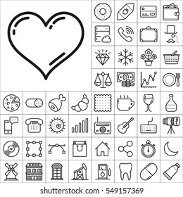 Set of Universal Icons. Contains such Icons as Wineglass, Food and Drink, Tooth, Buildings, Medical, Telescope, Snowflake, Economical and more. Editable Vector. Pixel Perfect.
