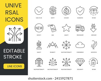 Set of universal icons with editable stroke, exclusivity and guarantee, safety and return, ecology and ease of use, free delivery and sale, discount and quality, novelty and convenience, reliability