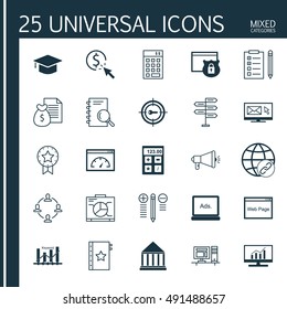 Set Of Universal Icons On Graph, Quality Management, Target Keywords And More. Premium Quality EPS10 Vector Illustration For Web, Mobile And Infographic Design.