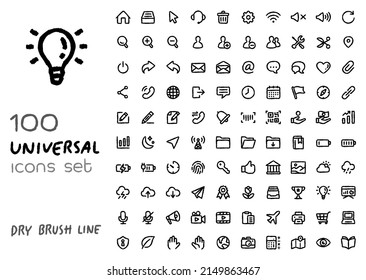 set of universal icons for web application, user interface and mobile app. dry brush sketch minimalist style.