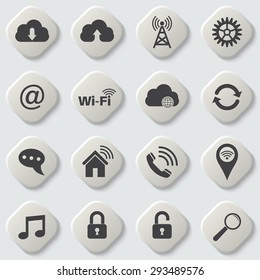 Set of universal icons for web and mobile. Wireless communication. Cloud storage. Network. Setting, home, media. Wi-Fi connection. Cloud service. Button. Vector element of graphic design