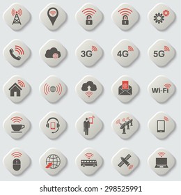 Set of universal icons for web and mobile. Wireless communication. Cloud storage. Network. Setting, home, media. Wi-Fi connection. Cloud service. Button. Vector element of graphic design