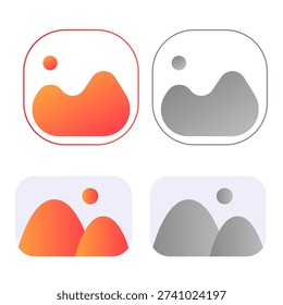 Set of Universal Image Placeholder Icons with Mountain and Sun Symbol in Vibrant Orange Gradient and Minimalist Gray Outline Styles