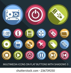 Set of Universal Interface and Multimedia Icons on Flat Circular Colored Buttons with Shadows 3 on Black Background (isolated elements)