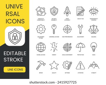 Set of universal linear icons in vector with editable stroke. Transparency and Control, Ease of Use, Speed, Efficiency and Security, Reliability and Versatility, Compatibility and Balance, Adjustment