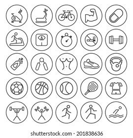 Set of Universal Minimal Simple Fitness Thin Black Line Icons on Minimal Circular Buttons.
