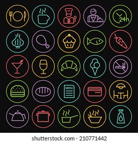 Set of Universal Minimal Simple Restaurant Thin Neon Line Icons on Minimal Circular Button on Black Background.