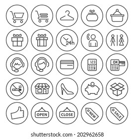 Set of Universal Minimal Simple Shopping Thin Black Line Icons on Minimal Circular Button on White Background.