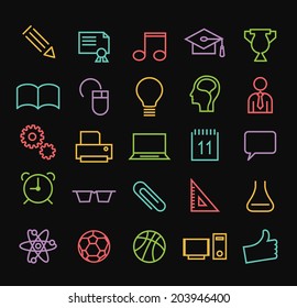 Set of Universal Minimal Thin Colored Neon Stroke Education Icons on Black Background.