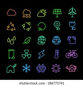 Set of Universal Minimal Thin Line Colored Neon Stroke Ecology Icons with Color Gradient on Black Background.